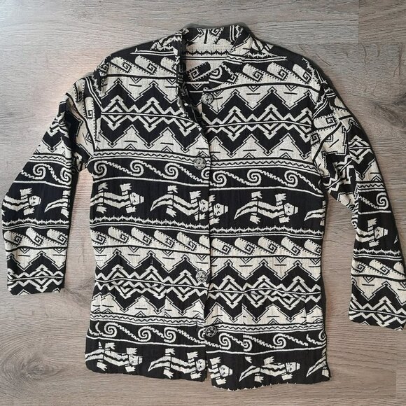 80s Vintage Black/Grey Mandarin Collar Aztec Pattern Cotton Woven Jacket - Picture 7 of 14